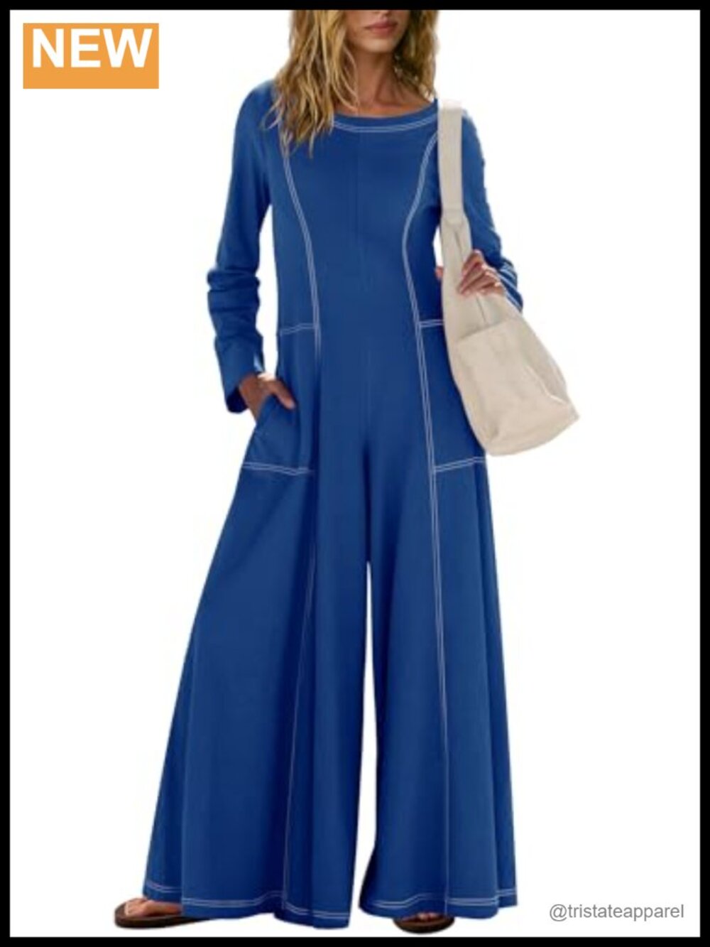 Womens Cotton Jersey Long Sleeve Scoop Neck Wide Leg Jumpsuit Romper